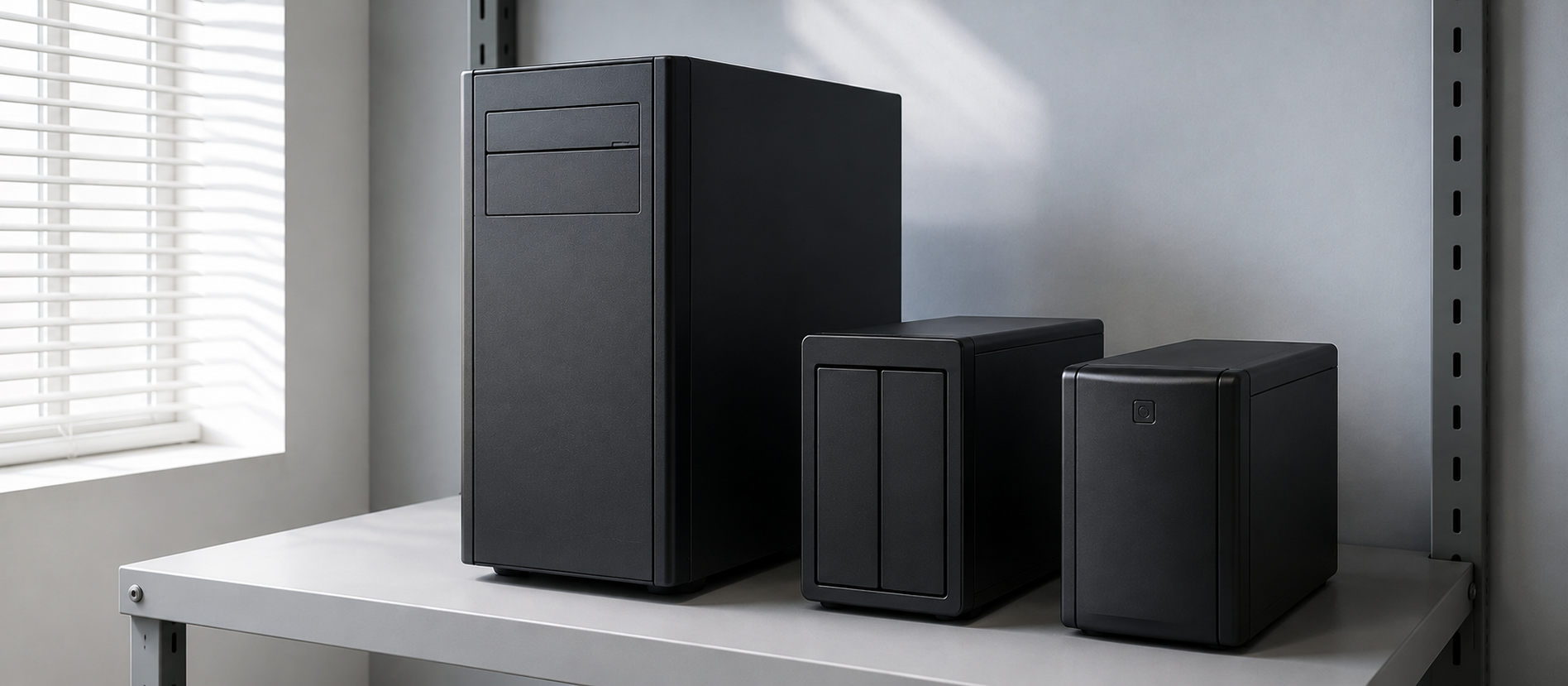 Professional computing equipment arranged on a shelf