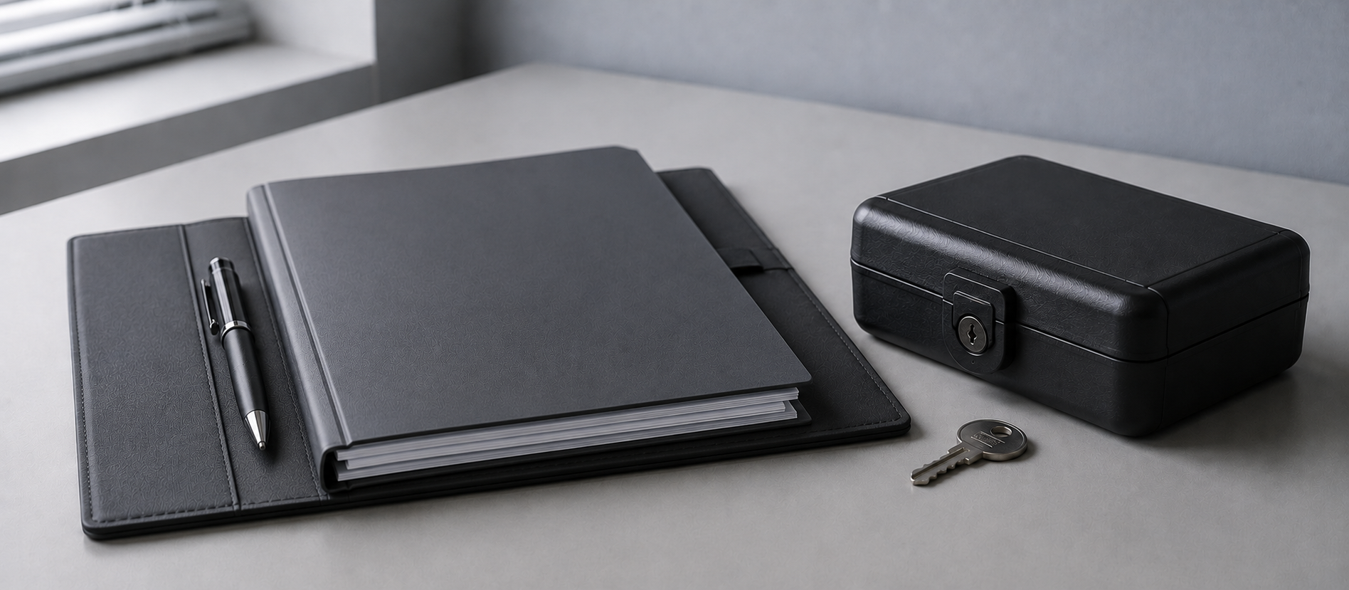 A handoff guide beside a secure equipment case and key